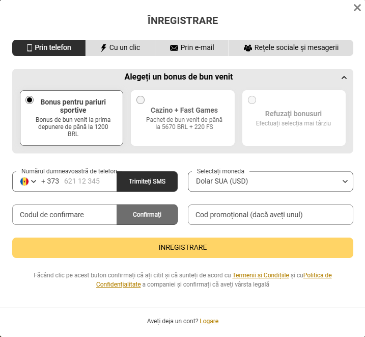 înregistrare după numărul Melbet