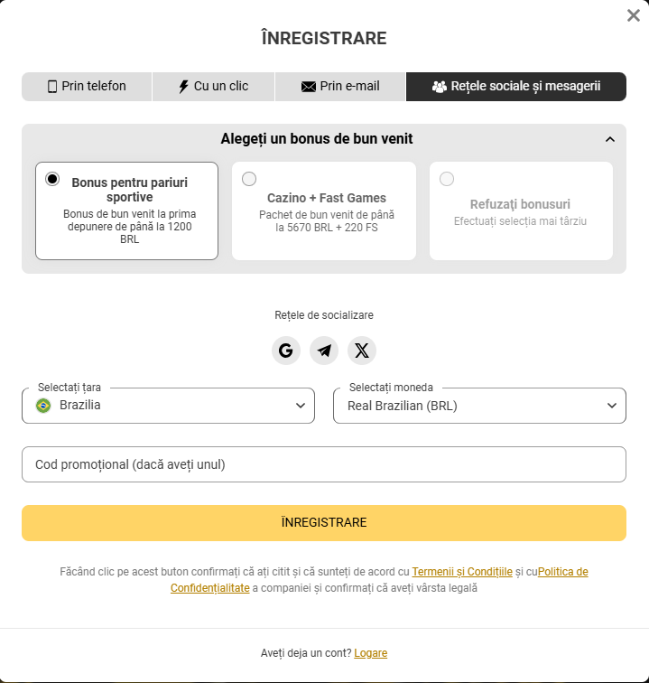 Înregistrare Melbet prin messenger